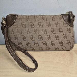 DOONEY & BOURKE Tan Monogram Canvas Wristlet Brown Leather Trim